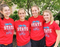 The Lake City High School girls 4x800 meter relay team in their state track and field meet t-shirts. From left: Lilly Meincke, Liv Kozlowski, Hallie Willers, and Samantha Darnell.